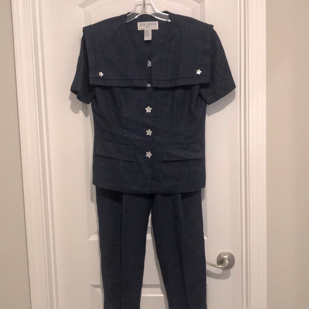 Vintage Jessica Howard Linen Pantsuit 90’s Mother of Pearl Star Buttons SZ 6P